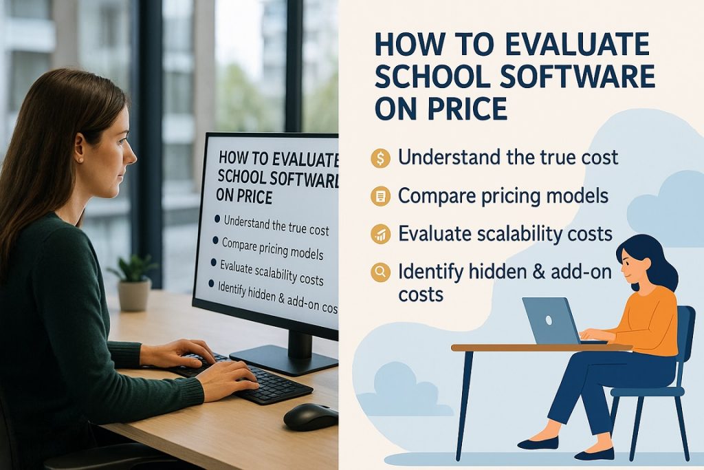 tailored for your new blog post “How to Evaluate School Software on Price” and matching the two images you generated.