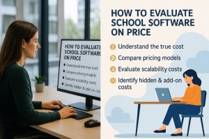 tailored for your new blog post “How to Evaluate School Software on Price” and matching the two images you generated.